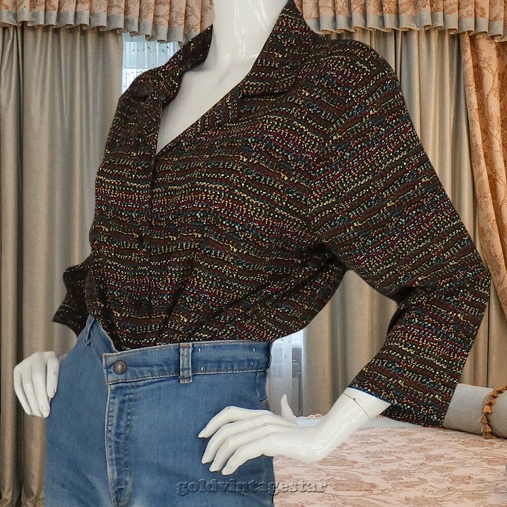Vintage Rainbow Confetti Print Button Up Top Blouse XL